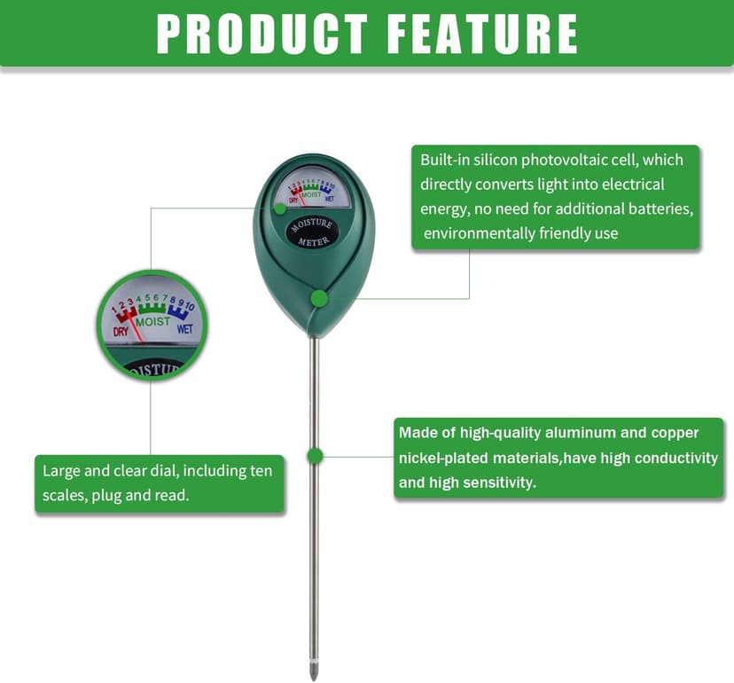 Soil Moisture Meter, Plant Water Monitor for Potted,Gardening, Farm, Lawn, Indoor and Outdoor Plants No Battery Needed（Pack of 1 pcs Green）