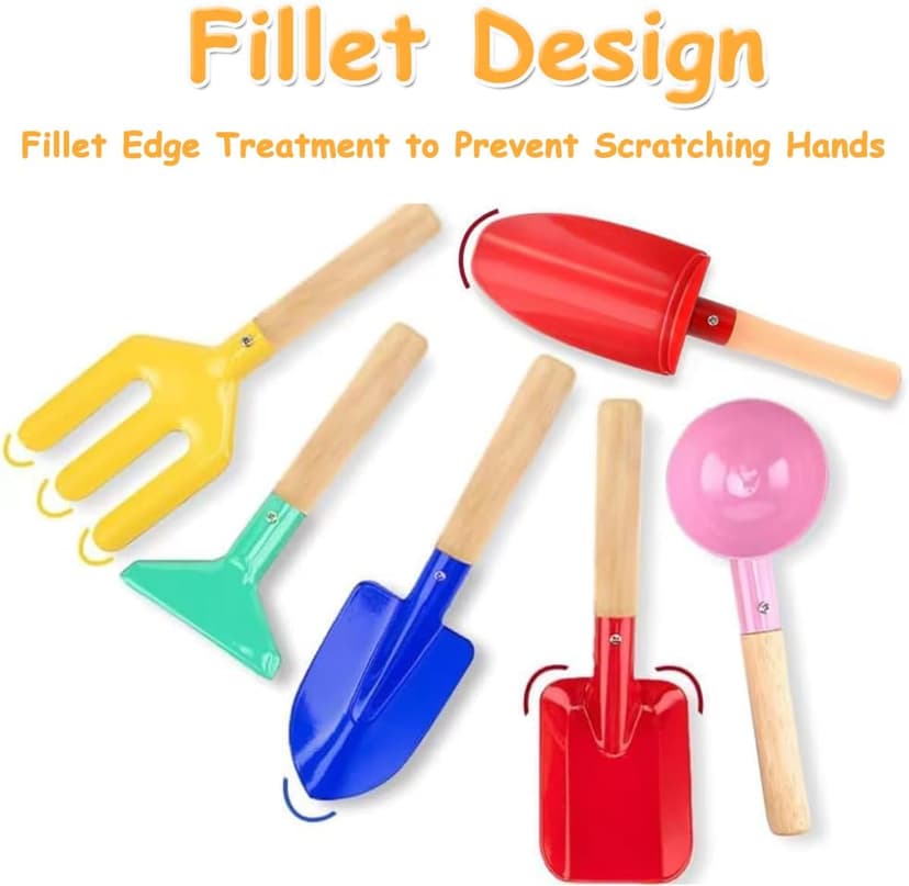 Beach Toys for Kids, 6Pcs 8'' Kids Gardening Tools Sand Toys Set, Metal Garden Tools with Sturdy Wooden Handle, Cylinder, Spoon, Fork, Rake, Flat & Pointed Shovel, Gifts for Children