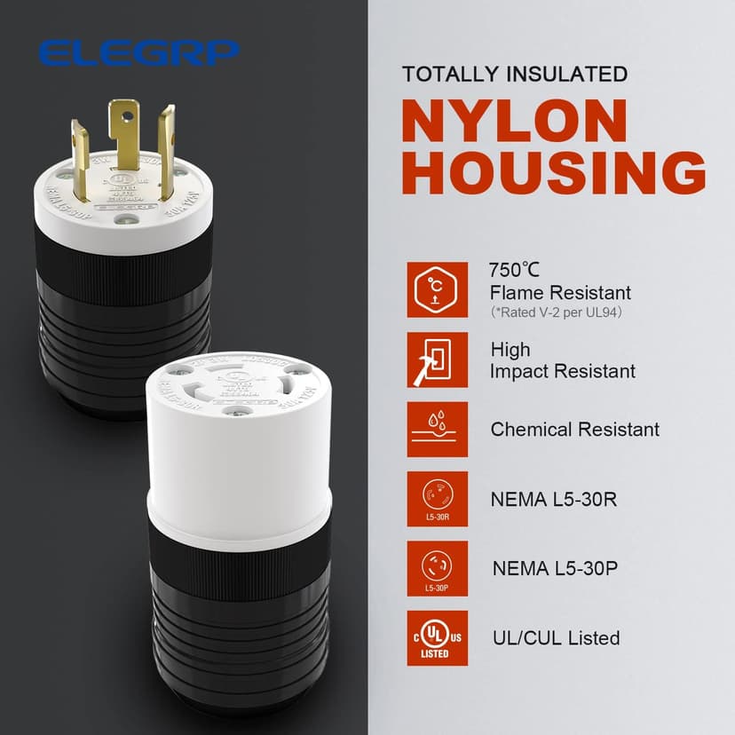 ELEGRP NEMA L5-30R Locking Connector, Generator Twist Lock Adapter Connector, 30 Amp 125V 2 Pole 3 Wire Grounding, Industrial Grade Heavy Duty, UL Listed (1 Pack, Black/White)