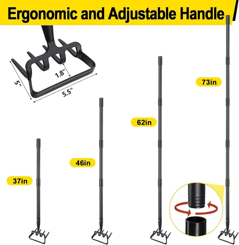 Garden Hoe, Cultivator Stirrup Hoe Garden Tool for Weeding, 73 Inch Heavy Duty Hula Hoe with Adjustable Long Handle, Scuffle Loop Hoe with Rake 2-in-1 Gardening Tool for Loosening Pulling Weed