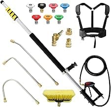 janz 24 FT, Aluminum Telescoping Pressure Washer Wand with 2 Pressure Washer Extension Wands,Gutter Cleaner Attachment, 7 Spray Nozzle Tips, 2 Hose Inlet Adapters, Pivoting Coupler and Support Harness