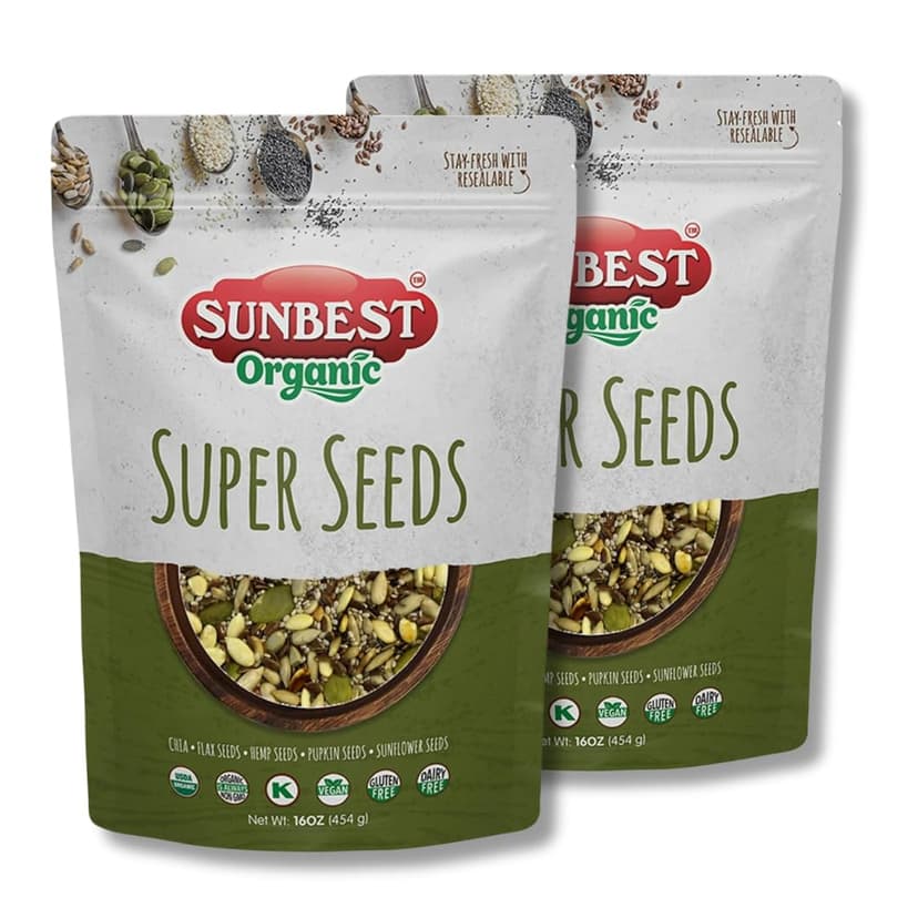 Sunbest Natural Organic Super Seeds – 2 lb (32 oz) Blend – Raw Pumpkin, Chia, Hemp, Sunflower & Flax Seeds – Vegan, Gluten-Free, Kosher – Perfect for Salad Toppings & Plant-Based Diets – 2-Pack (16 oz each)
