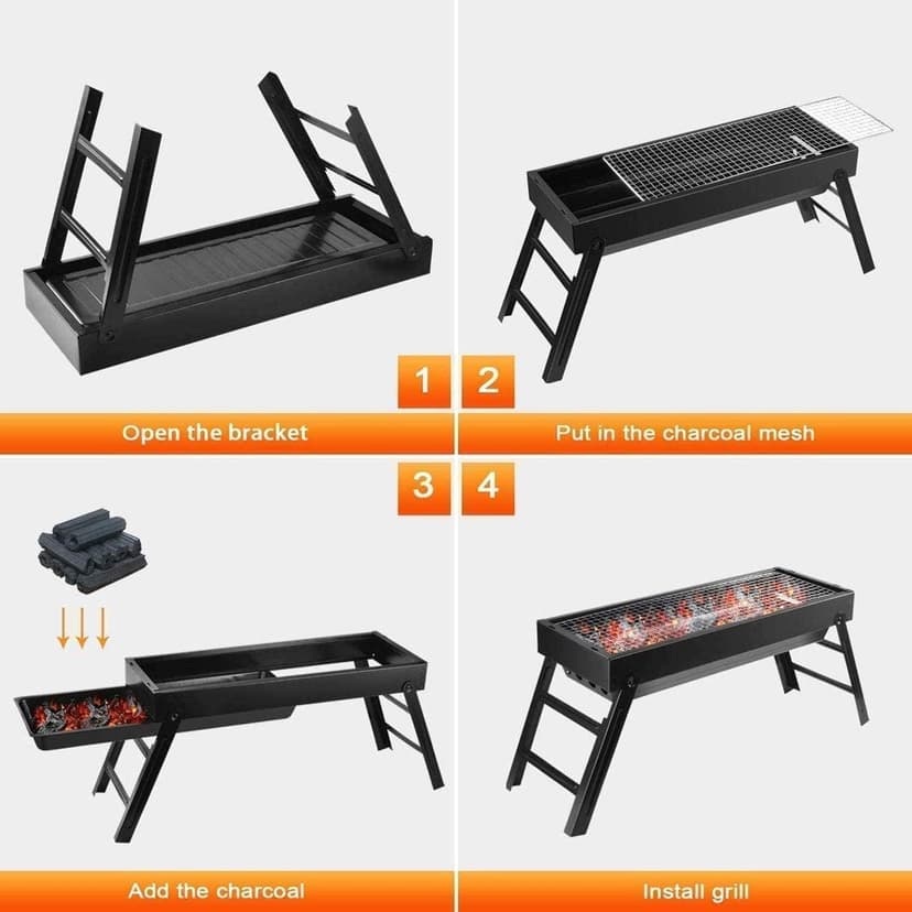 Portable Charcoal Grill, Portable Tabletop BBQ for Outdoor Cooking | Compact Folding Grill for Camping, Hiking, Picnics & Travel | 24”x13”x9” Lightweight Smoky Flavor