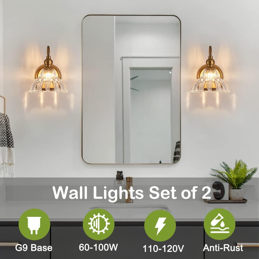Vintage Brass Wall Sconce Bronze Bathroom Wall Light Made of Electroplated Copper Body and Pressed Patterned Glass Retro Vanity Lights for Bedroom, Doorway, Hallway