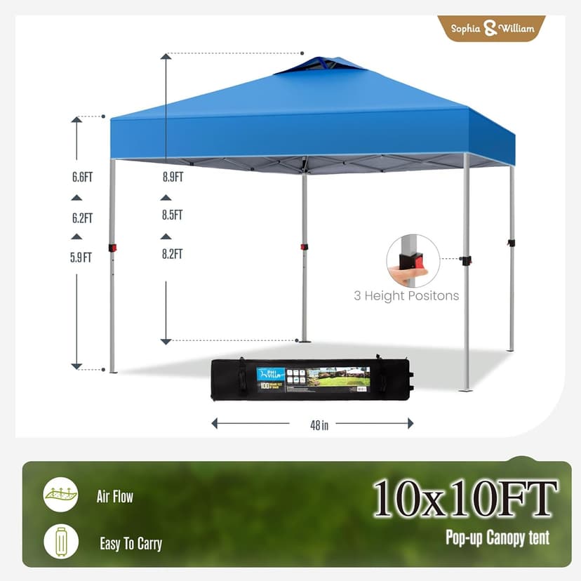 Canopy Tent Pop Up 10x10 ft, Outdoor Patio Portable Commercial Canopies Shelter Heavy Duty Straight Legs with Roller Bag, 8 Stakes, 4 Guy Ropes, UPF50+, Blue, Sophia & William