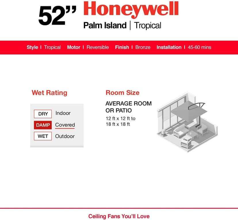 Honeywell Ceiling Fans Palm Island, 52 Inch Tropical Indoor Outdoor Ceiling Fan with No Light, Pull Chain, Three Mounting Options, 5 Palm Leaf Blades, Wet-Rated - 50207-01 (Bronze)