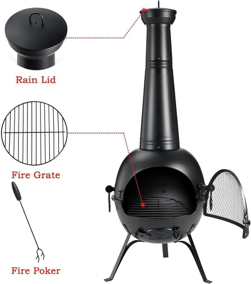 SINGLYFIRE Prairie Fire Outdoor Chiminea Fireplace Deck or Patio Backyard Wooden Fire Pit with Chiminea Cover Rust-Free Iron Black