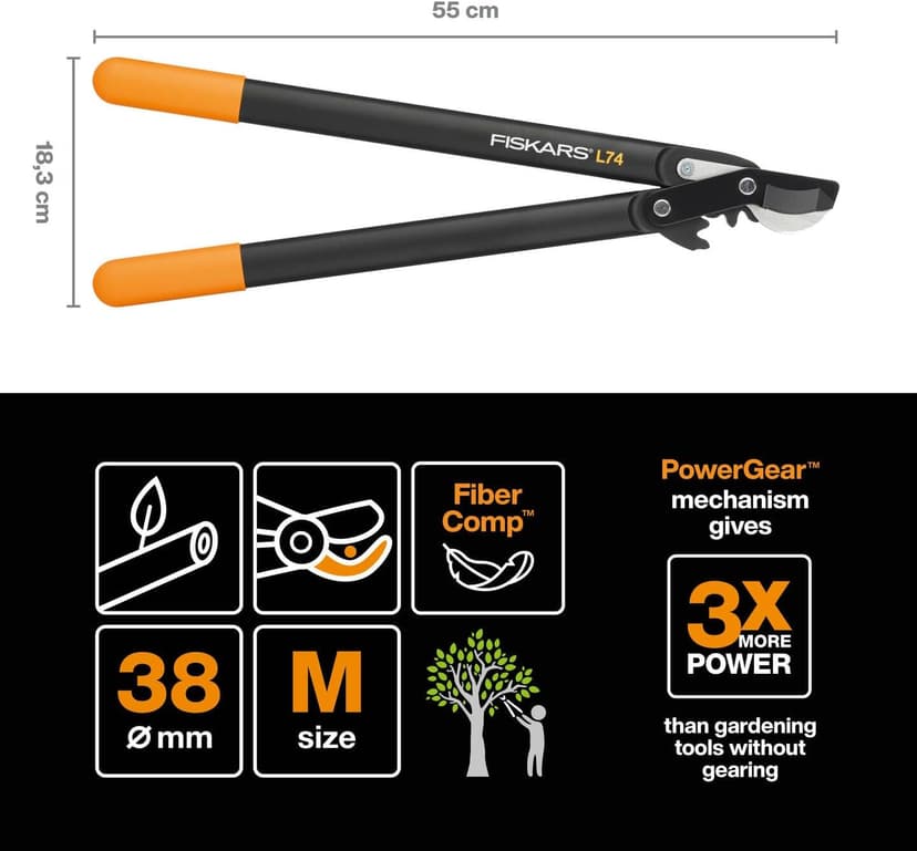 Fiskars PowerGear Lopper Bypass, Hook Head (M) L74, Hook Head, Non-stick coating, Cutting Diameter : 3.8 cm, Hardened steel, Length: 55 cm, Black/Orange, 1000582