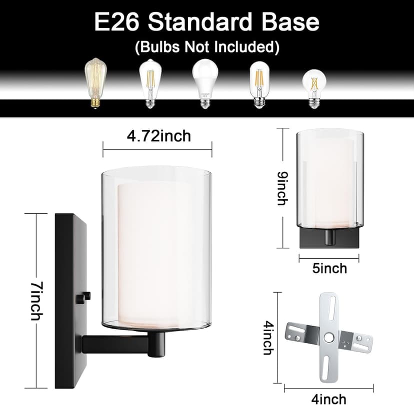 Wall Sconces Set of 2 Modern Vanity Lights with Double Clear Glass Shade Matte Black Indoor Farmhouse Wall Lights for Bathroom Living Room Bedroom Hallway Bulb E26 Base (Bulbs Not Included)