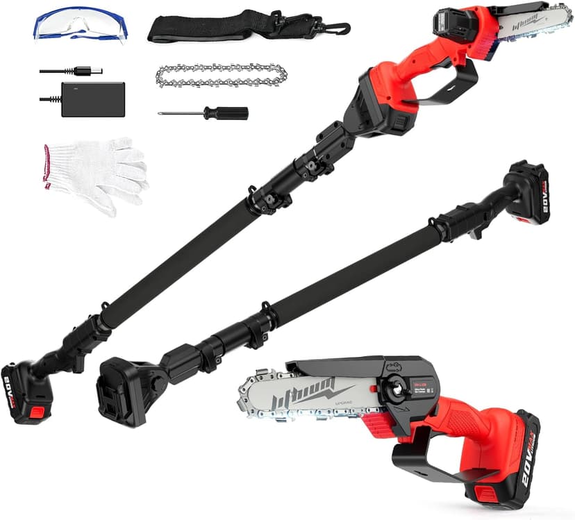 Cordless Pole Saw, 2-in-1 6" Battery Powered Pole Saws for Tree Trimming, 20V 2.0Ah Battery Mini Chainsaw with Pole, 15ft Reach Small Pole Saw for Wood Cutting, Trimming