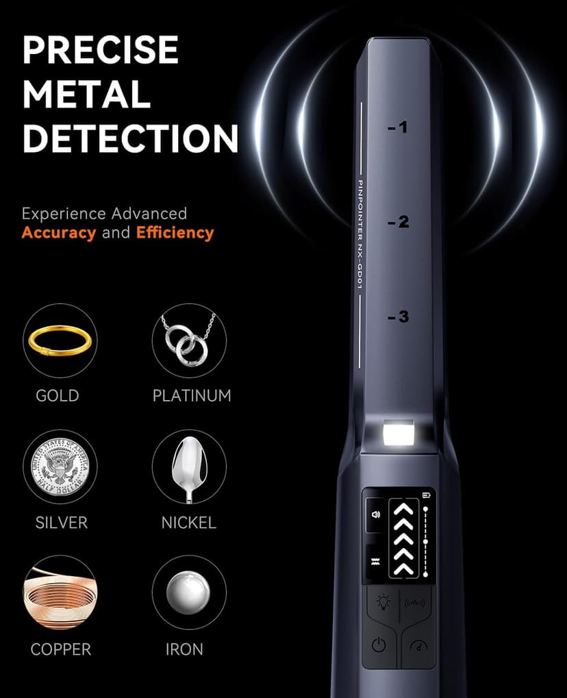 SUNPOW Metal Detector Pinpointer Rechargeable for Adults & Kids, Adjustable Sensitivity, IP68 Fully Waterproof, 360° Detection, 4 Modes - Handheld Pin Pointer Wand with LCD Screen - NXGD01