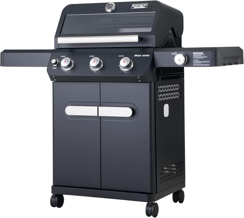 Monument Grills Outdoor Barbecue Stainless Steel 3 Burner Propane Gas Grill, 48,000 BTU Patio Garden Grill with Side Burner and Knob Controls, Mesa325, Black