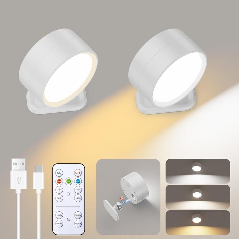 Brightown LED Magnetic Wall Sconce Lights, 2 Pack USB Rechargeable Wall Mounted Lights with Remote, 3 Lighting Colors and Dimmable, 360° Rotation Cordless Wall Mount Lamp for Bedroom, White