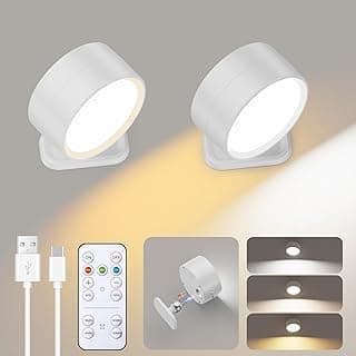 Brightown LED Magnetic Wall Sconce Lights, 2 Pack USB Rechargeable Wall Mounted Lights with Remote, 3 Lighting Colors and Dimmable, 360° Rotation Cordless Wall Mount Lamp for Bedroom, White