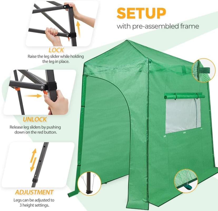 EAGLE PEAK 9x4 Lean-to Portable Walk-in Greenhouse, Pop-up Indoor Outdoor Garden Green House, Zippered Doors and Window, PE Cover, Green