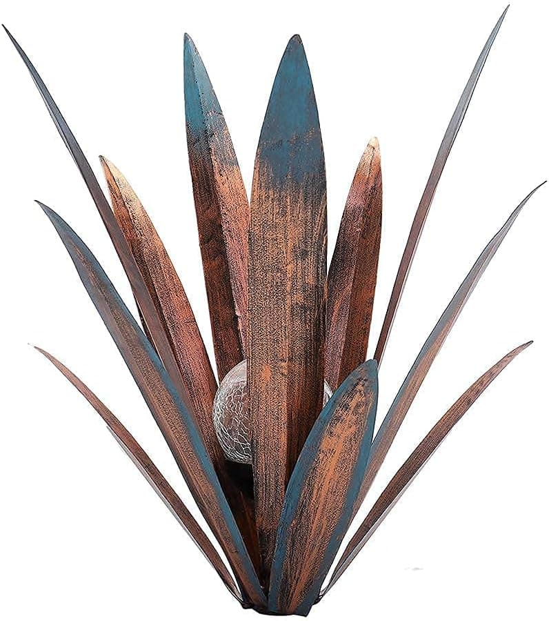 2pcs Tequila Sculpture Metal Agave Plant Home Decor Rustic Hand Painted Figurines Yard Decorations Lawn Ornaments（Multi-Color LED Solar Light ）