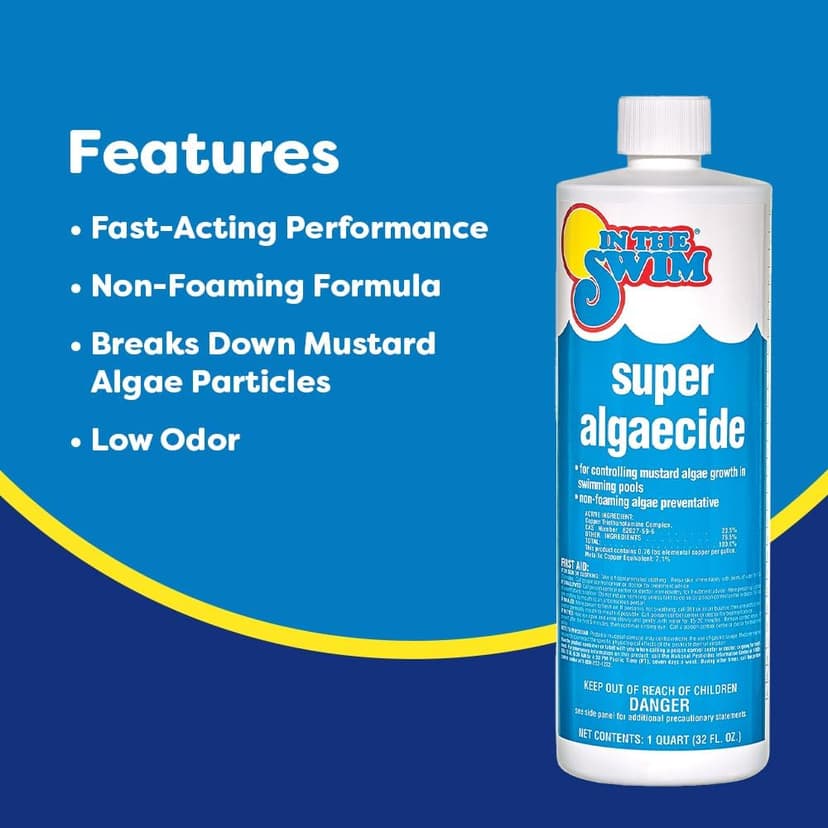 In The Swim Super Algaecide for Above Ground or Inground Swimming Pools – Low Odor, Non-Foaming Preventative for Yellow/Mustard Algae in Swimming Pools - 7.1% Chelated Copper – 1 Quart
