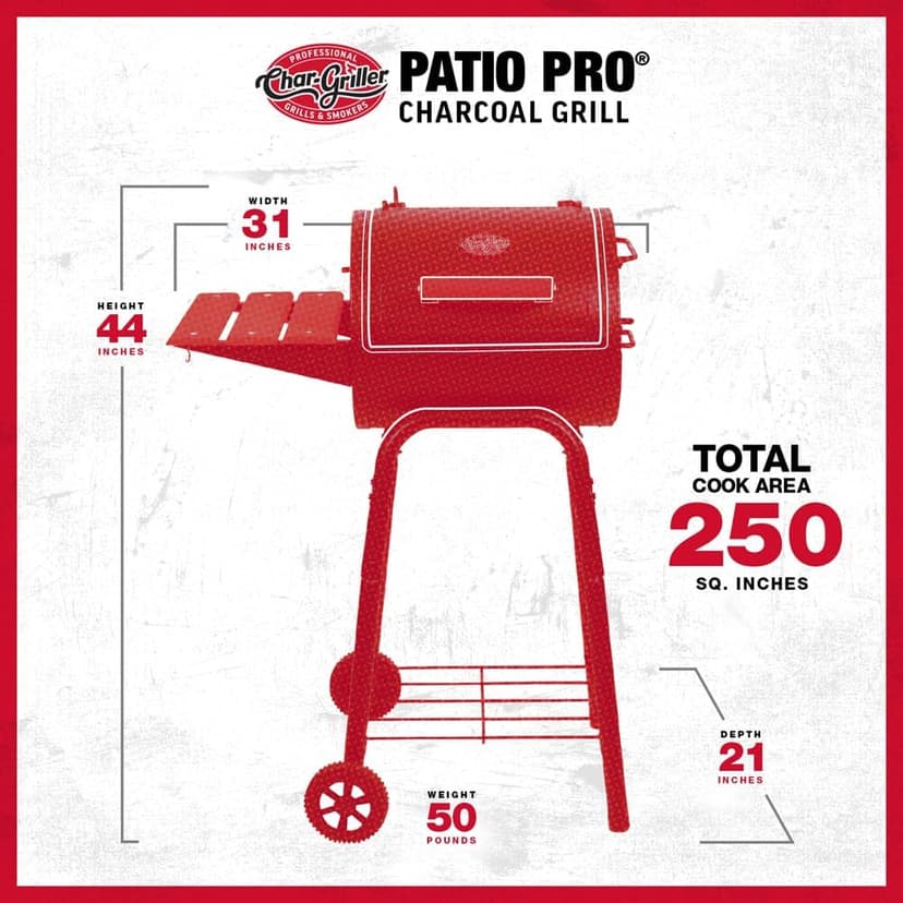Char-Griller® Patio Pro Charcoal Grill and Smoker with Cast Iron Grates, Premium Metal Shelf and Damper Control, 250 Cooking Square Inches in Black, Model 1616