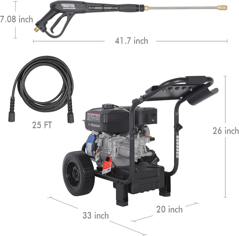 BILT HARD 3500 PSI 2.5 GPM Gas Pressure Washer, 224cc 4-Cycle Engine, Heavy Duty Gas Power Pressure Washer with Spray Gun and Wand, 5 Quick Connect Nozzle Tips, 3/5"×25' Hose, 49-State