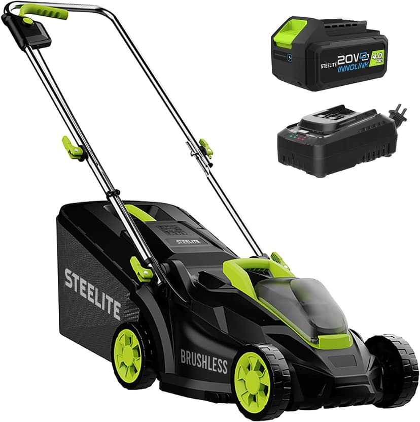 Steelite 13.2” Electric Lawn Mower for Small Yards - 2-in-1 Compact, Lightweight Brushless Motor, 21V 4.0Ah Battery & Charger Included, Green