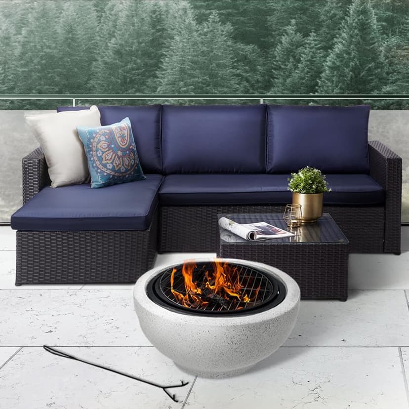 Teamson Home Round Steel Outdoor Fire Pit Outside Wood Burning Firepit Bonfire with Spark Screen, Firebowl, Poker, Stainless Steel Rack, Charcoal Grill for Patio Garden Backyard BBQ, 24 Inch, Gray