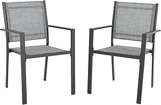 Patio Dining Chairs Set of 2, All-Weather High-Resilience Textilene Outdoor Dining Chair, Heavy-Duty Stackable Minimalist Chairs with Armrest, Sling Patio Furniture for Lawn Deck Pool, Grey