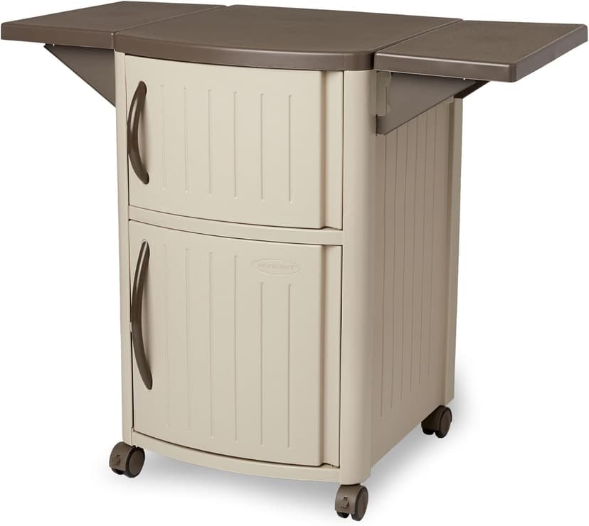Suncast Outdoor Patio Grill Prep Station Cart with 2 Storage Cabinets, Light Taupe/Mocha