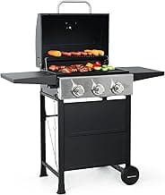 MASTER COOK 3 Burner BBQ Propane Gas Grill, Stainless Steel 30,000 BTU Patio Garden Barbecue Grill with Two Foldable Shelves