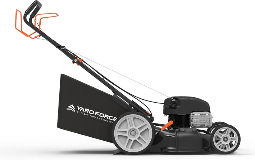 Yard Force Self Propelled Lawn Mower Briggs & Stratton 150cc Gas Engine 22-inch Steel Deck 3-in-1 Mulch, Bag, Side Discharge, 12-inch High Rear Wheels
