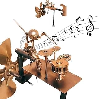 Metal Steampunk Drummer Windmill Garden Decoration - Handmade Outdoor Kinetic Sculpture, Steampunk Yard Art with Rust-Proof Design, Easy Install for Patio, Lawn and Music Lovers (1pcs-a)