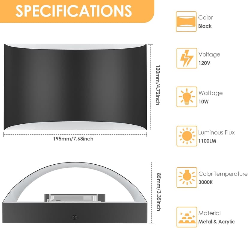 FOLKSMATE Modern LED Wall Sconces, 3000K Warm White Hardwired Wall Lights Set of 2, 10W Up and Down Wall Mount Light, Matte Black Indoor Sconces Wall Lighting