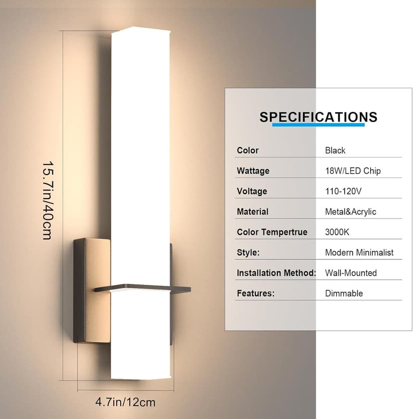 Modern LED Wall Sconces Set of Two,18W 3000K Dimmable LED Sconces Wall Lighting,Bathroom Vanity Light Fixture Acrylic Shade,Hardwired Wall Light Fixtures for Living Room Bedroom Hallway(Black)