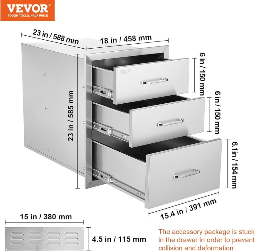 VEVOR 18x23 Inch Outdoor Kitchen Stainless Steel Triple Access BBQ Drawers with Chrome Handle, 18 x 23 x 23 Inch