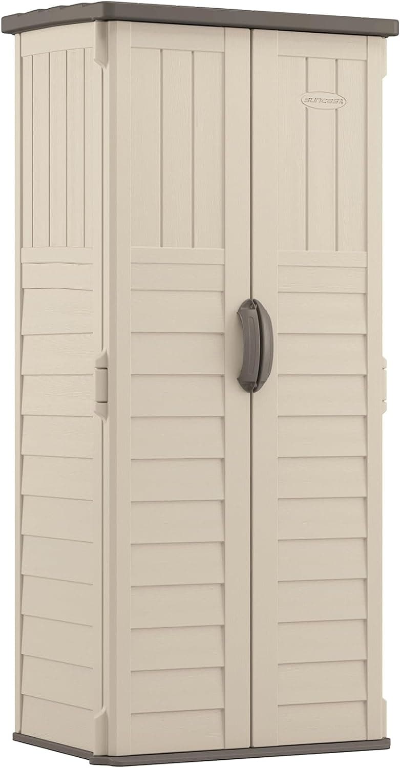 Suncast Vertical Outdoor Storage Shed with Reinforced Floor, Lockable Double Doors, All-Weather Construction, and Multi-Wall Panels, Vanilla, Made in the USA