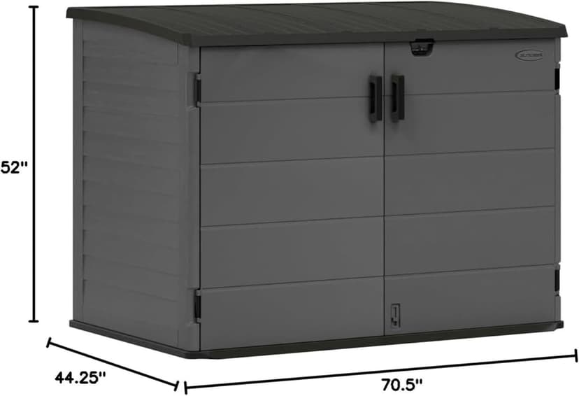 Suncast Stow-Away Horizontal Storage Shed for Yard Storage, All-Weather Outdoor Storage Shed with 2 Lockable Doors, 70.5" W x 44.25" D x 52" H, Peppercorn, Made in The USA