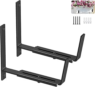 Y&M 2 Pack Adjustable Planter Box Brackets (6 to 12.5 in), Universal Window Box Brackets, Heavy Duty Iron Flower Box Wall Mounting Hooks for Balcony, Fences, Patio, and Garden - Black