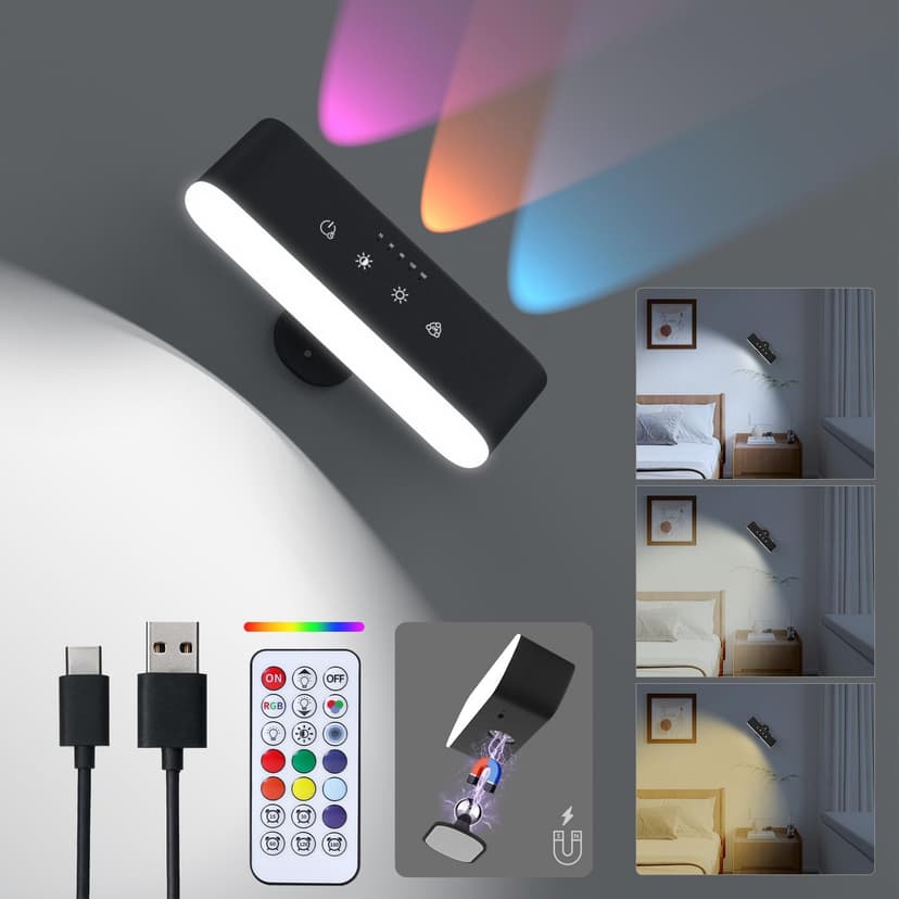 Wall Lights with Remote,Battery Operated Wall Sconce,3 Colors Temp & 9 RGB Ambient Sconce,Magnetic 360° Rotation Cordless Wall Mounted Lamps for Bedroom Bedside,Reading Bedside(Black)
