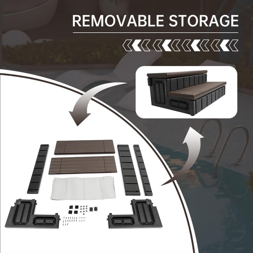 KUAFU Universal Spa Hot Tub Step with Storage Outdoor Indoor Compartment Spa 2-Step Stool Pool Ladder Plastic Handi Step Slip Resistant Striped Brown+Black