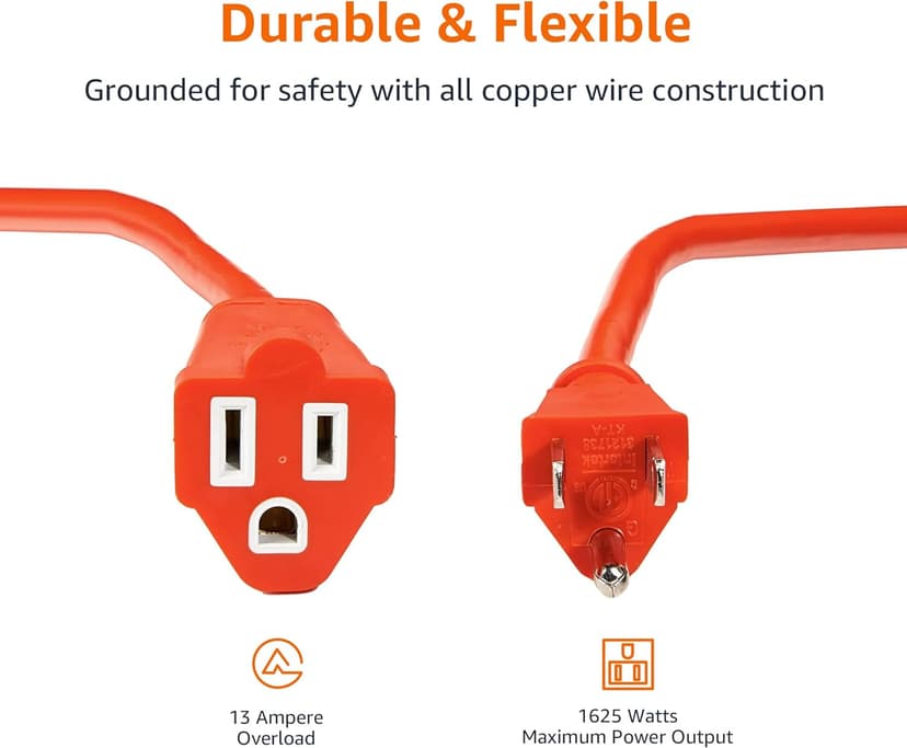 Amazon Basics 50 foot 3-Prong Vinyl Indoor/Outdoor Extension Cord - 13 Amps, 1625 Watts, 125 VAC, Orange