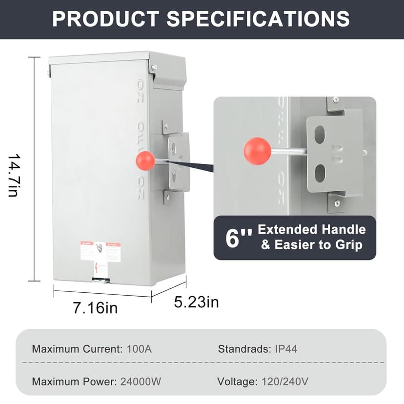 Generator Transfer Switch 100A, Manual Transfer Switch for Home Generator, Heavy Duty Double-Throw 120/240V,24000W for Indoor Outdoor Use,NEMA 4X Standards