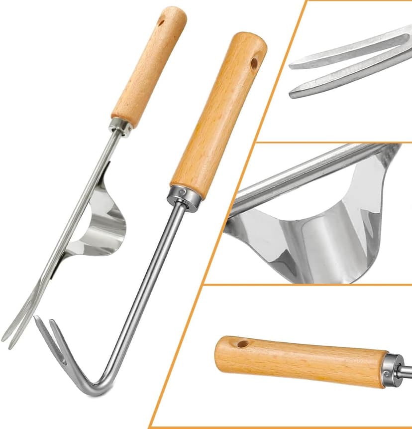 Hand Dibber, Stainless Steel Sow Dibbler with Wood Handle, Garden Hole Punch Dibbler Tool for Planting Seeds & Bulbs (Medium Log Color Hooked)