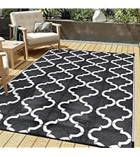 Outdoor Rug Mats, Large Waterproof Outdoor Area Rug, Reversible Portable Outdoor Plastic Straw Carpet for RV Deck Camping Front Door Indoor Outside Porch Picnic (5x8ft Geometric Black&White)