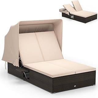 RELAX4LIFE Outdoor Daybed with Retractable Canopy - Wicker Double Chaise Lounge w/6-Position Backrest, 2 Folding Side Trays & Cushions, 2-Seater Loveseat Sunbed for Backyard, Rattan Patio Bed Lounger