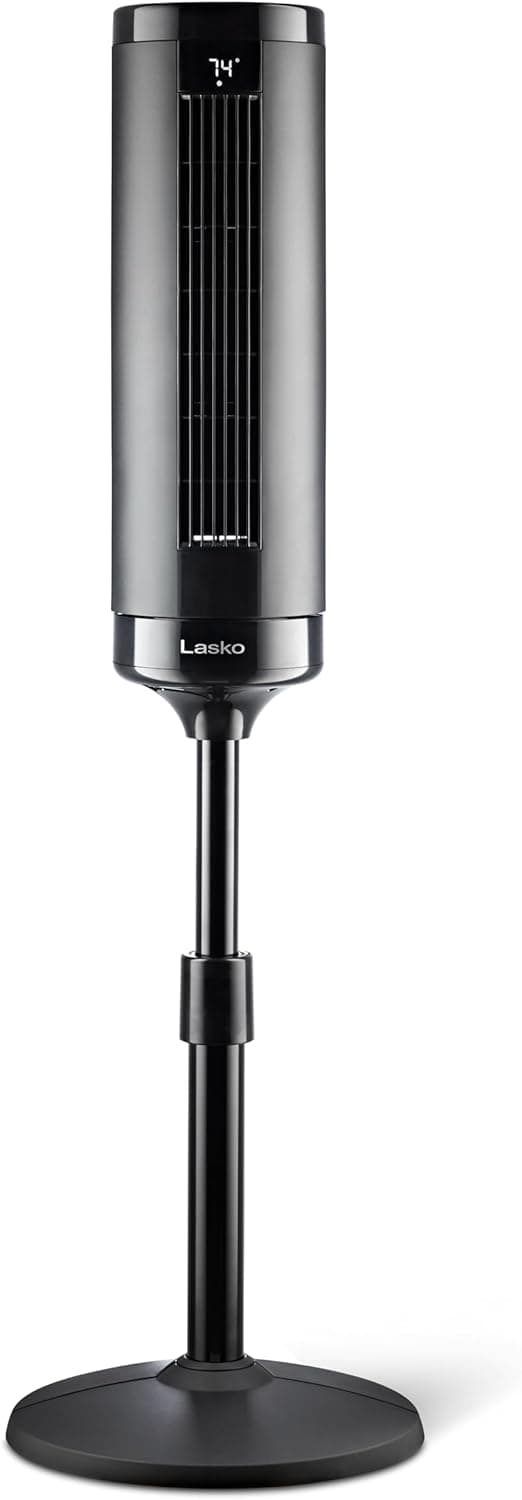 LASKO Elevation 42”-54” Adjustable Height Pedestal Tower Fans for Home, 31 ft/s Airflow, Quiet 28 dB on Low, 90° Oscillation, 12 Hour Timer, Remote Control, Black, EST100