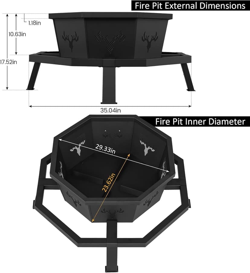 BOINN 35 Inch Fire Pit, Wood Burning Fire Pit for Outside, Heavy Duty Octagonal Firepit with Poker for Camping Backyard Patio Black