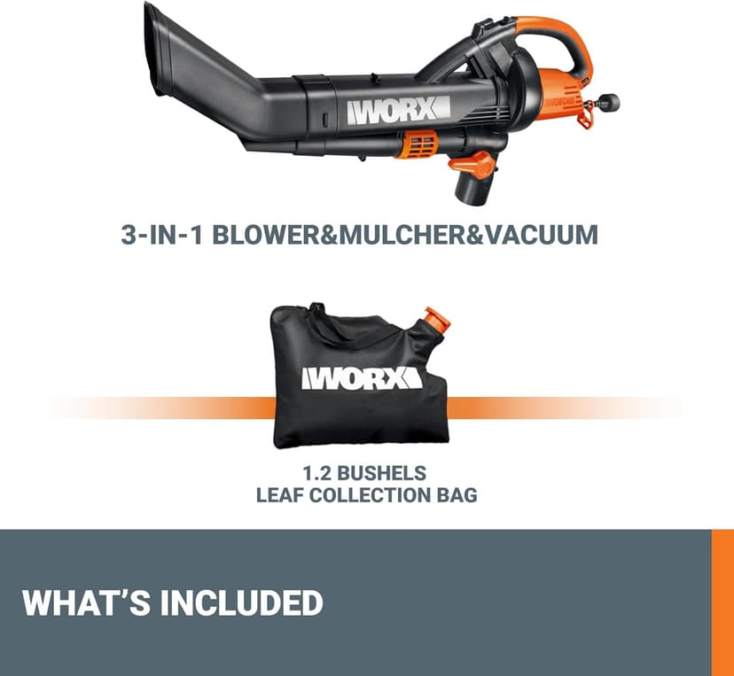 WORX 12 Amp Trivac 3-in-1 Electric Leaf Blower/Mulcher/Vacuum WG509 Metal Impeller for Fine Mulching