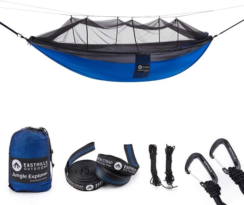 Easthills Outdoors Jungle Explorer 118" x 79" Double Camping Hammock Lightweight Rip-Stop Parachute Nylon 2 Person Hammocks with Removable Bug Net, Tree Straps and Tarp Blue