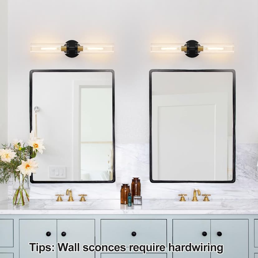 Wall Sconces Set of Two, Black and Gold Bathroom Sconces Wall Lighting with Clear Glass, Modern Sconces Wall Decor Set of 2 Wall Light fixtures for Bathroom Mirror Living Room Hallway Bedroom