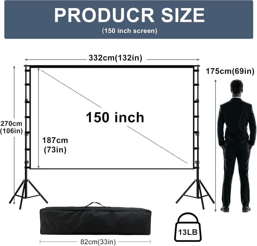 150"-Projector-Screen-with-Stand,HUANYINGBJB Outdoor Projection Screen, Portable 16:9 4K HD Rear Front Movie Screen with Carry Bag for Theater Backyard Movie Night,Cinema School, Churches, Parties
