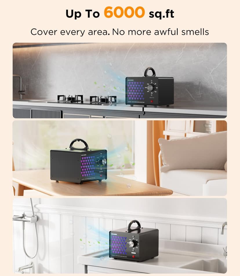 ONAMOR Ozone Generator Odor Eliminator 70000mg, High Capacity Ozone Machine Odor Removal Up to 6000 Sq.Ft, Ionizer Ozonator for Smoke, Car, Basement And Pet Room, Black